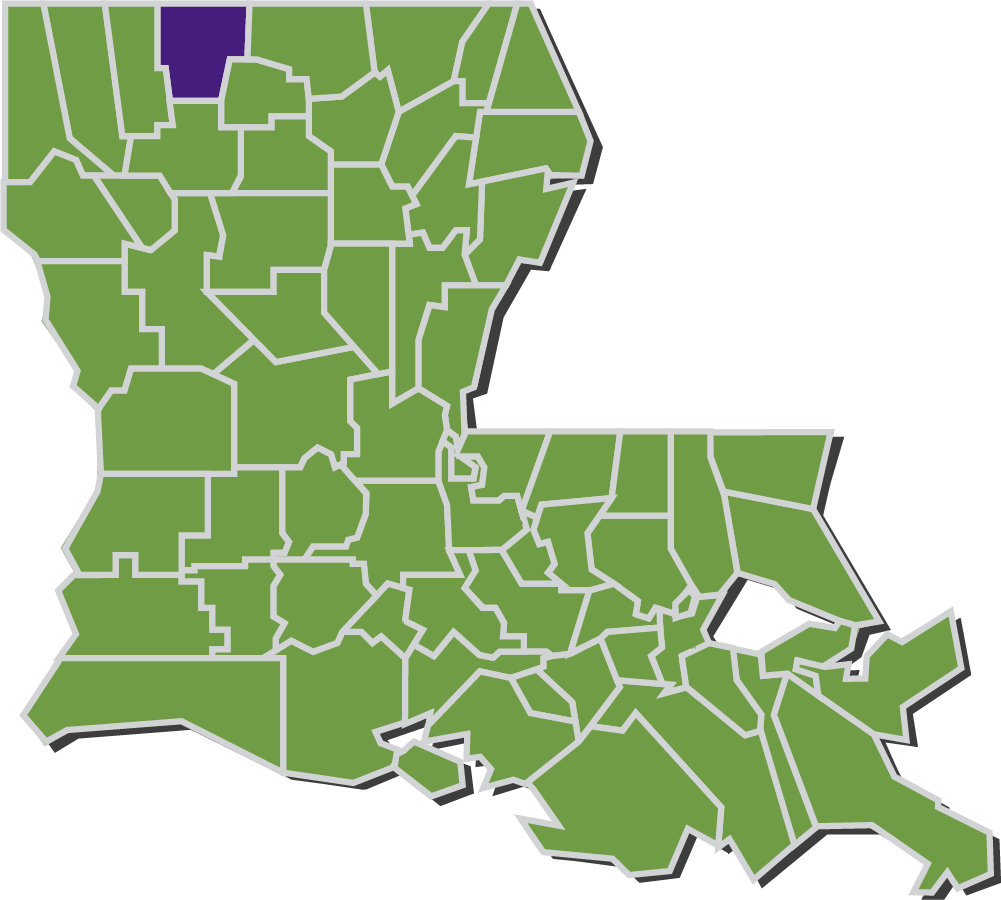 Map of Louisiana parishes with Claiborne parish highlighted in purple.